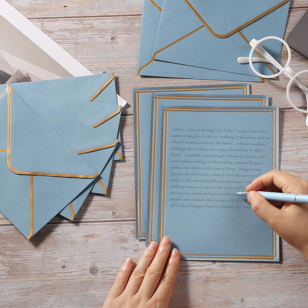 50 Pack Stationery Set with Envelopes, Cream Color, 8.5x11 Inches | Gold Border, #10 Business Envelopes and 8.5x11 Paper Sheets, Stickers for Letter Writing, Invitations