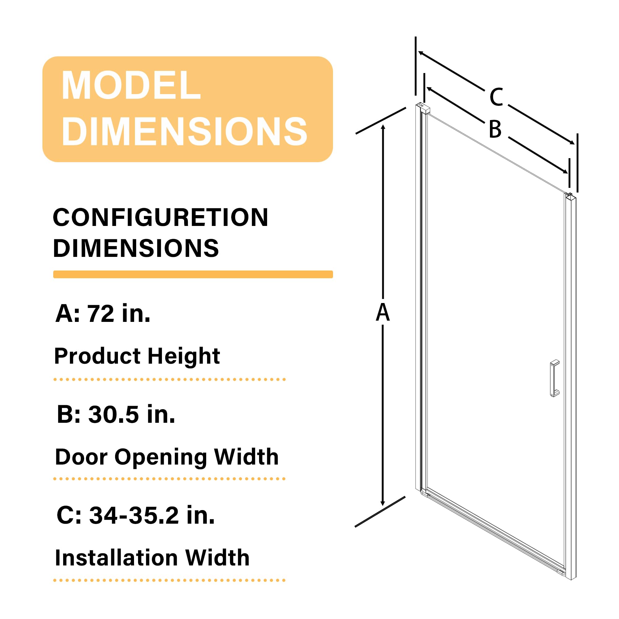 28” x 72” Pivot Shower Door, 1/4 inch Tempered Glass Panel Pivot Swing Shower Door in Matte Black Finish, Semi-Frameless Design