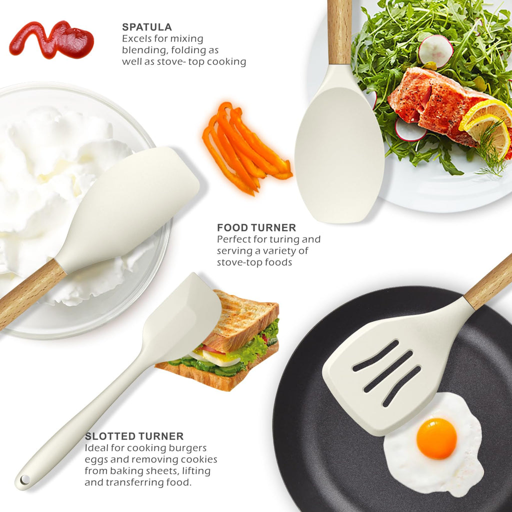 oannao Silicone Cooking Utensils Set - 446°F Heat Resistant Silicone Kitchen Utensils for Cooking,Kitchen Utensil Spatula Set w Wooden Handles, BPA FREE Gadgets for Non-Stick Cookware (Black)