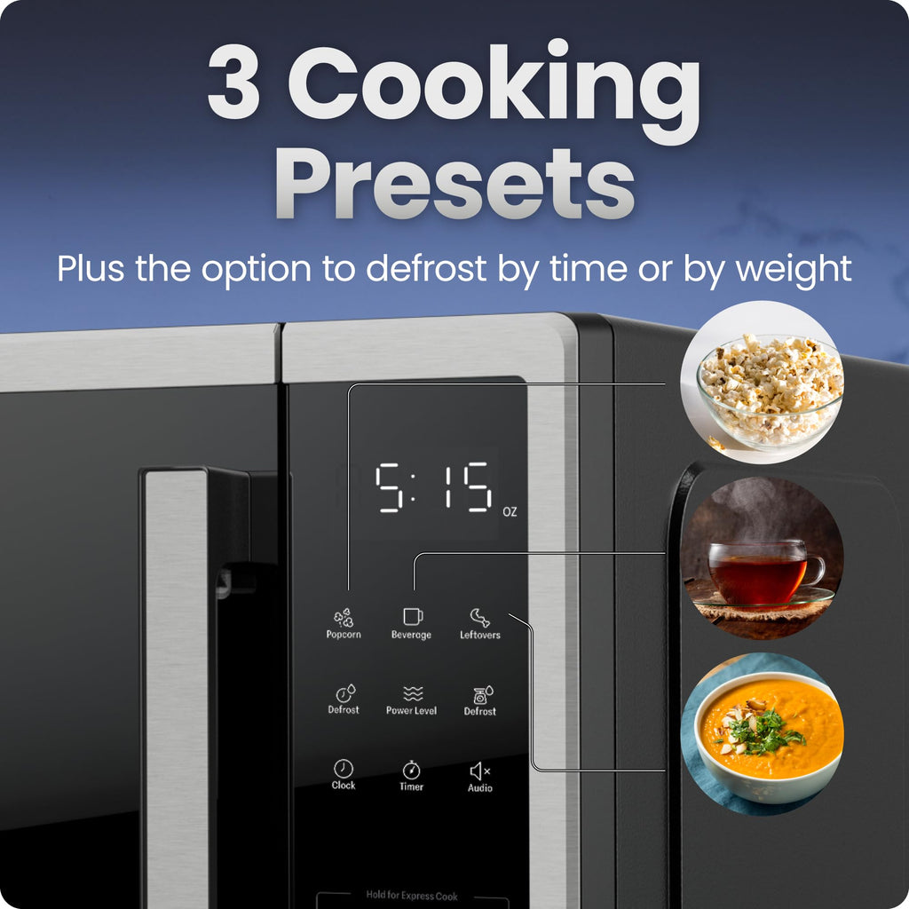 Chefman Compact Countertop Microwave Oven 0.7 Cu. Ft., 700W with 10 Power Levels, 3 Cooking Presets with One-Touch Express Cook, 2 Defrost Settings, Child Safety Lock, & Mute Button – Stainless Steel