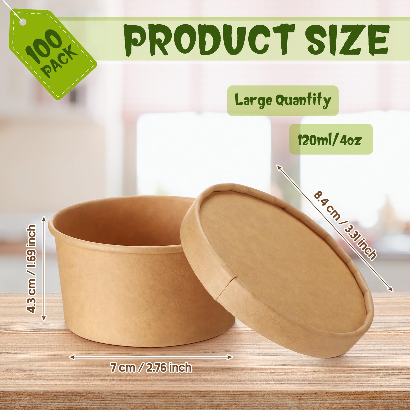 Fulmoon 100 Pack Paper Soup Containers with Lids Disposable Paper Food Containers with Vented Lid Kraft Ice Cream Cake Dessert Cups Soup Bowl for Party Hot Food Fruit Microwave(4 oz,Brown)