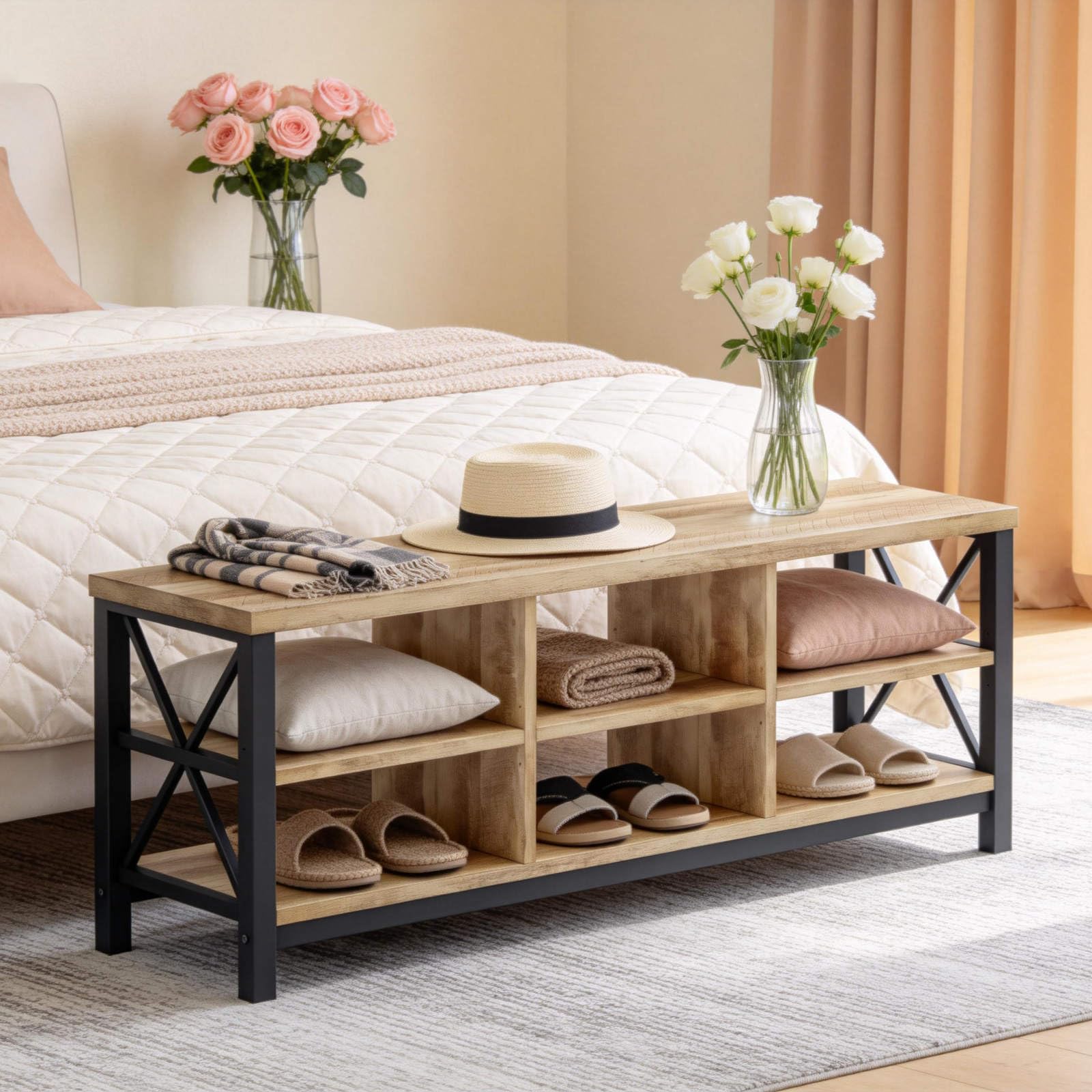 FATORRI Entryway Bench with Storage, 41 Inch Shoe Storage Bench, Industrial Wood Shoe Bench for Entry Way, Living Room, Bedroom and Mudroom (Black)