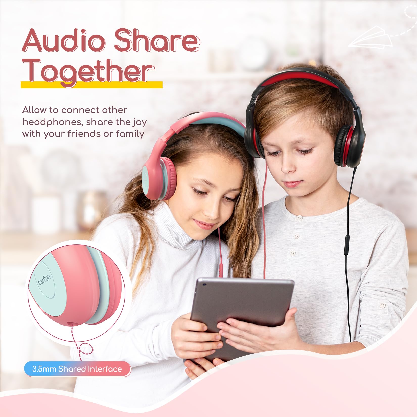 EarFun K1 Kids Headphones Wired with Microphone, 85/94dB Volume Limit Headphones for Kids, Portable Wired Headphone with Shareport, Stereo Sound Foldable Headset for School/Tablet/iPad, Black Red