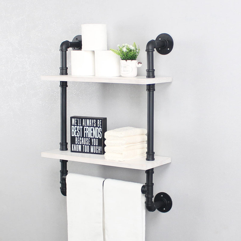 MBQQ Industrial Pipe Shelf Bathroom Shelves Wall Mounted,19.6in Rustic Wood Shelf with Towel Bar,1 Tier Farmhouse Towel Rack,Pipe Shelving Floating Shelves Towel Holder,Black & White