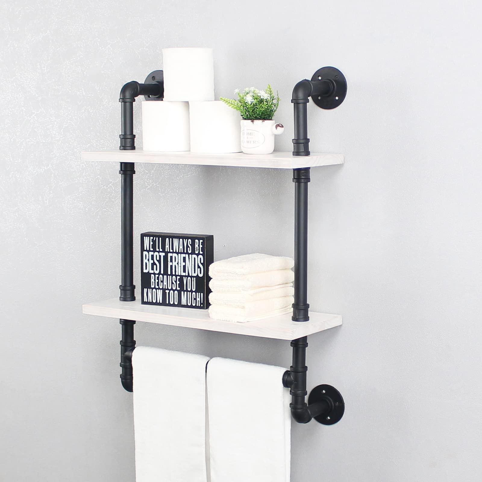 MBQQ Industrial Pipe Shelf Bathroom Shelves Wall Mounted,19.6in Rustic Wood Shelf with Towel Bar,1 Tier Farmhouse Towel Rack,Pipe Shelving Floating Shelves Towel Holder,Black & White