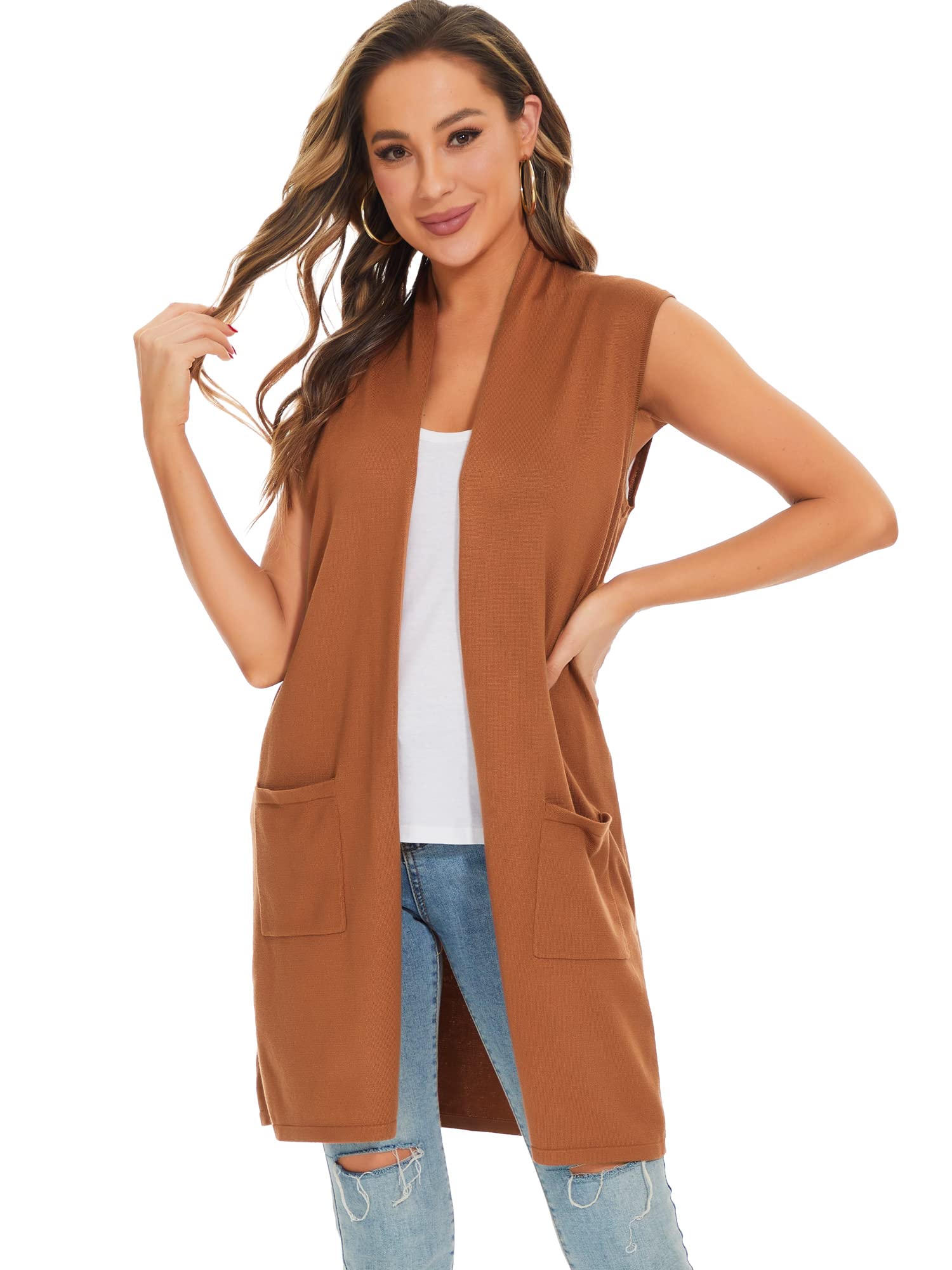 Moss Rose Women's Long Knit Cardigan Vest Casual Sleeveless Open Front Draped Duster Vest (Available in Plus Size)