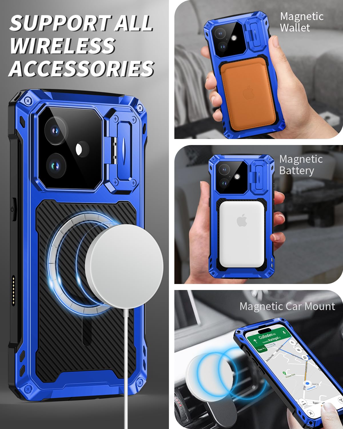 Lanhiem for iPhone 16 Metal Case with Camera Cover & Stand [Compatible with MagSafe] [Built-in Kickstand] [Military-Grade Protection] Heavy Duty Rugged Magnetic Phone Case, Black