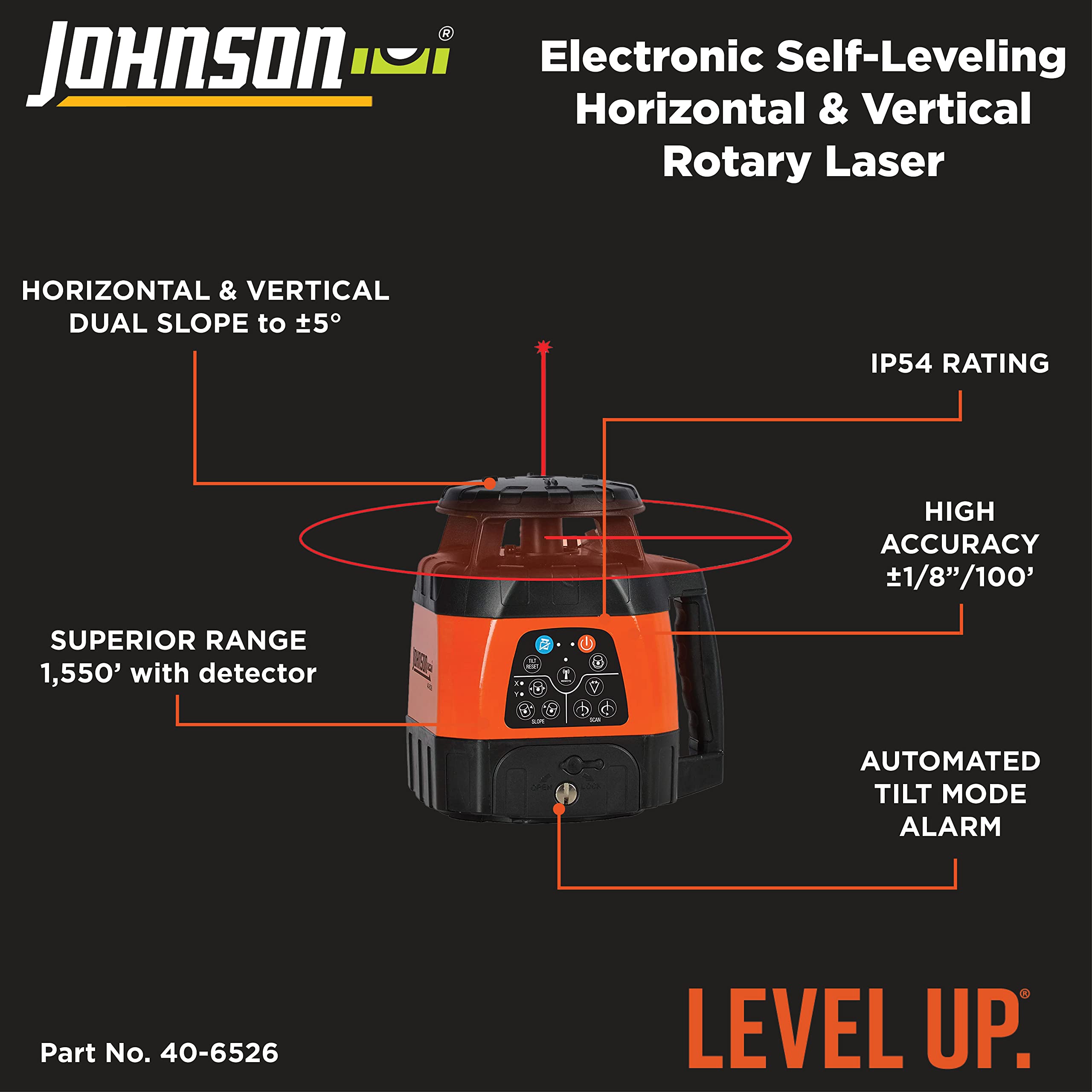 Johnson Level & Tool 40-6541 High Accuracy Dual Slope Rotary Laser System, Red, 1 ‎Kit