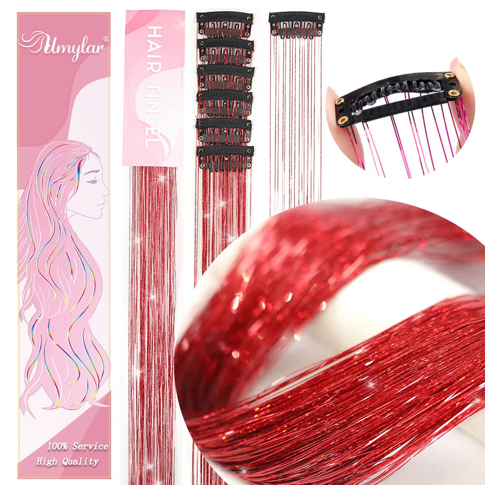 Clip in Hair Tinsel, Pack of 12 Pcs 20 Inch,Glitter Tinsel Hair Extensions, Festival Tinsel Fairy Hair Extension Party Dazzle Hair Accessories Strands Kit for Women Girls(12Pcs,Black#)