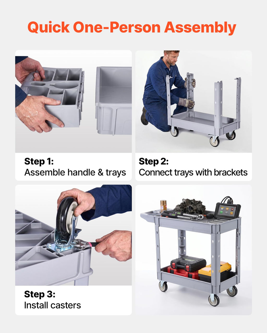 VEVOR Utility Service Cart, 2 Shelf 550LBS Heavy Duty Plastic Rolling Utility Cart, Medium Lipped Shelf, 360° Swivel Wheels, Ergonomic Storage Handle for Warehouse Garage, Black | Heavy Duty Rolling Cart with 360° Swivel Wheels, Medium Lipped Shelf, Ergon