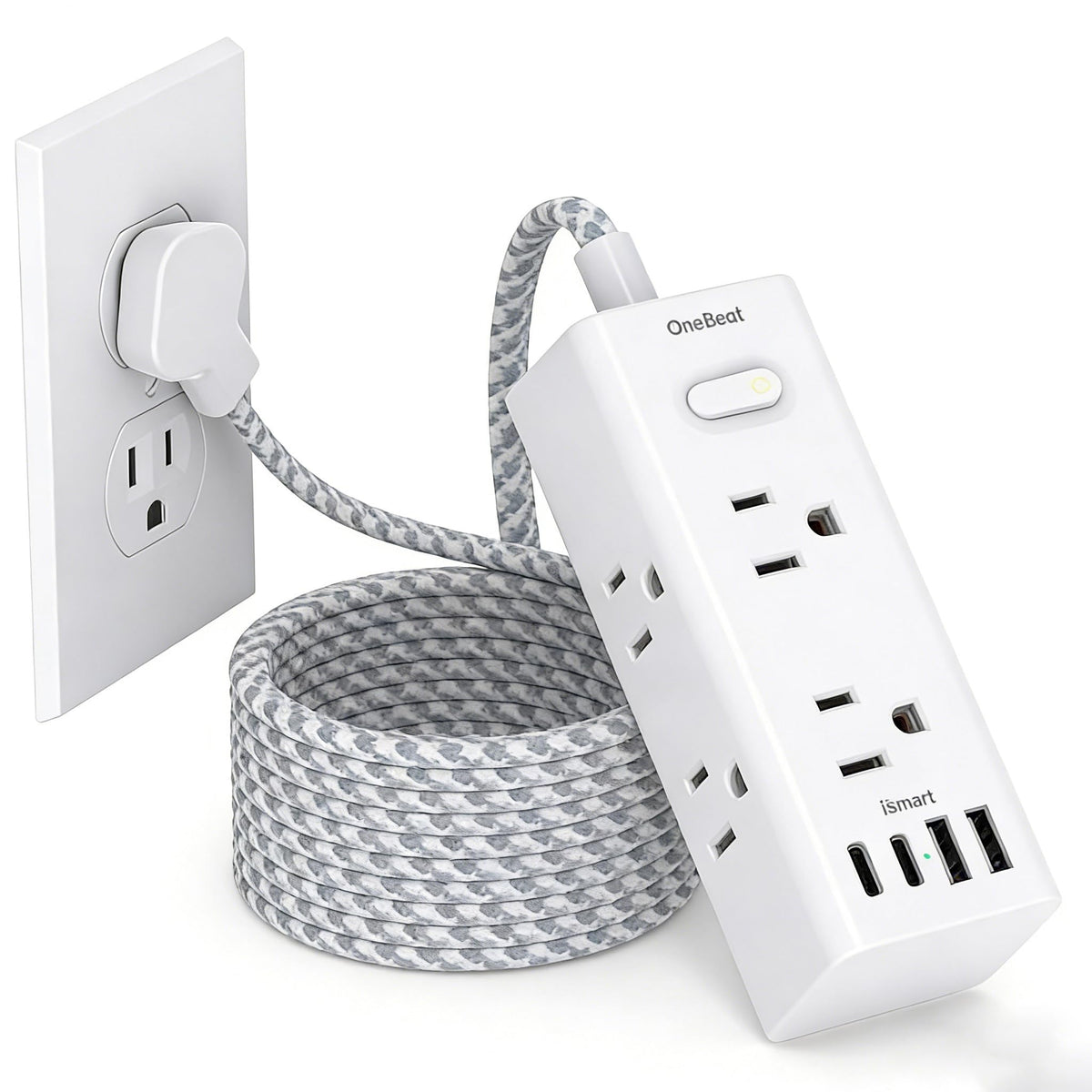 One Beat Short Extension Cord 1Ft, Flat Plug Power Strip Surge Protector - 6 Widely Outlets with 4 USB Ports (2 USB C), Wall Mount Small Power Strip for Travel, Home Office College Dorm Essentials