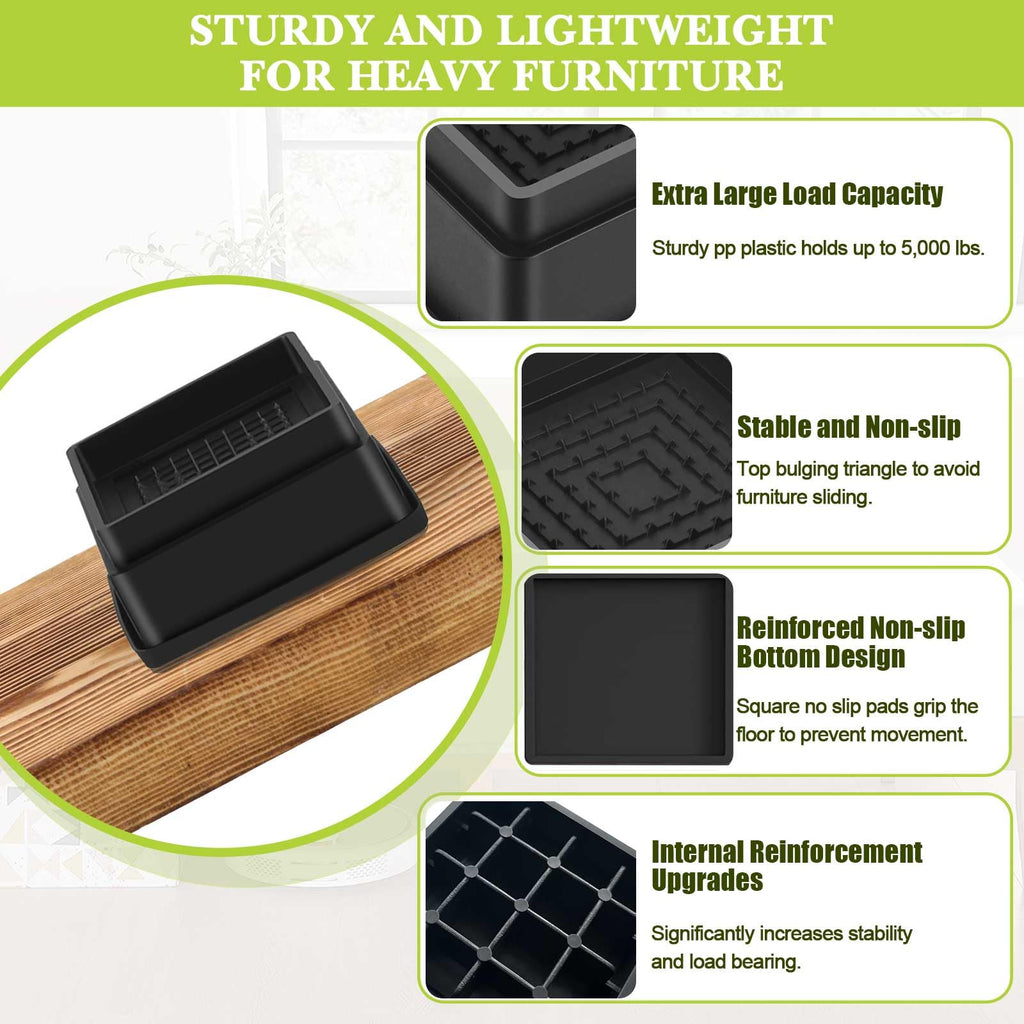 12 Pack Furniture Risers 1 Inch, Adjustable Bed Risers Heavy Duty for Table Desk Couch Chair Sofa Cabinet Bed Frame Dorm, Square Stackable Table Leg Risers Lift Height 1", 2" or 3", Black