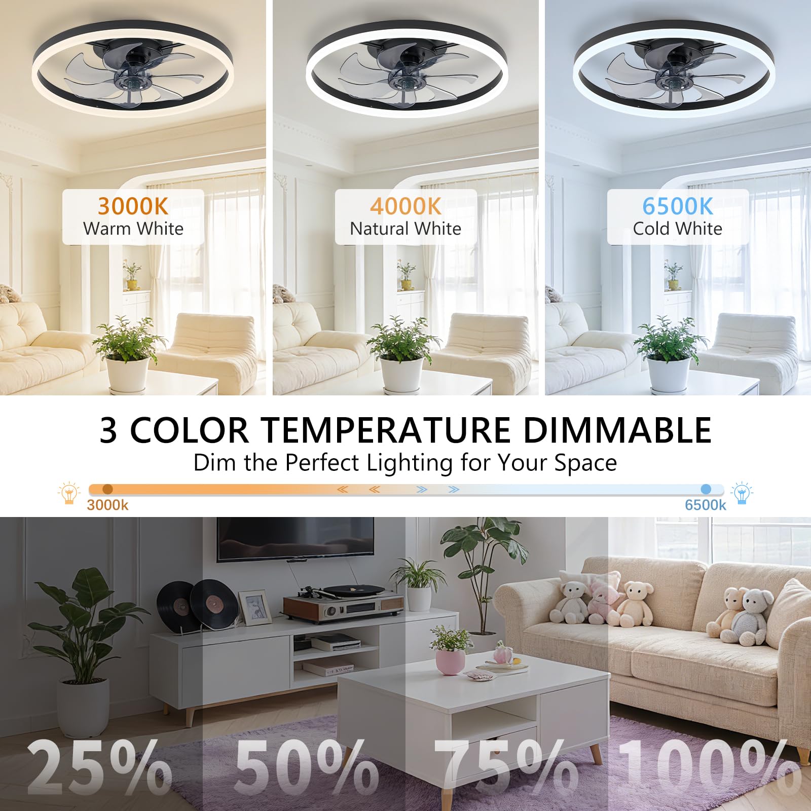 16 Inch RGB Low Profile Ceiling Fans with Lights, Modern Flush Mount Fandelier Chandelier Fixture, Remote & APP Control, Black LED Ceiling Fan Light for Bedroom, Living Room, Kitchen Indoor