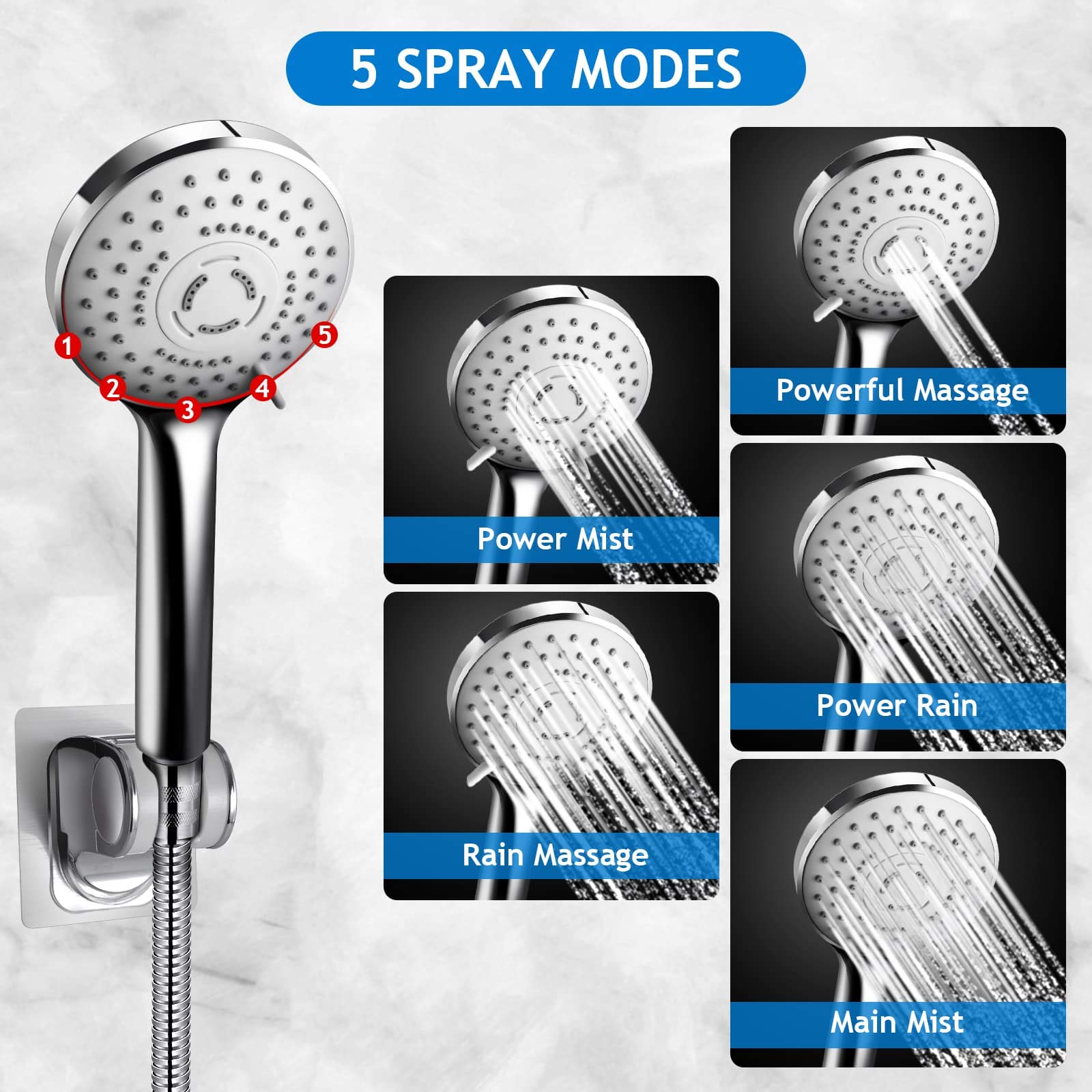 Shower Head Combo(Brushed Nickel),8 Inch High Pressure Rain Shower Head with 11 Inch Adjustable Extension Arm and 5 Settings Handheld Shower Head Combo,Powerful Shower Spray Against Low Pressure Water