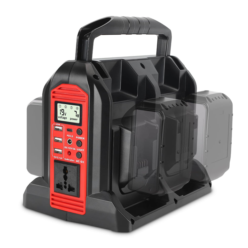 350W Inverter for Milwaukee 18V Li-ion Battery, 4-Port 20V to 120V Pure Sine Wave Inverter with LED Light, 3 USB-A Port, 1 USB-C Port, 1 DC Port, Power Station for Outdoor Camping(No Battery)