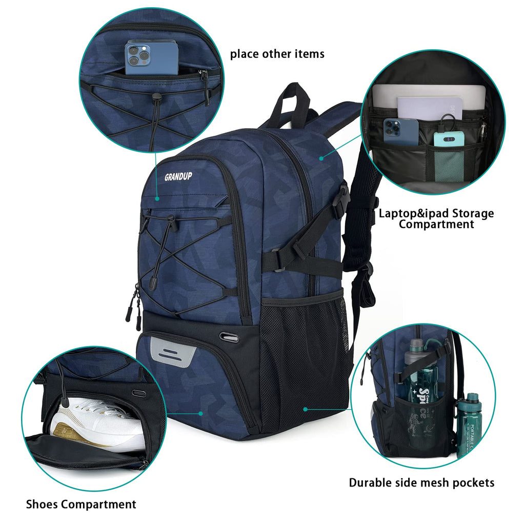 GRANDUP Basketball backpack with ball and shoes compartment Fit Volleyball, soccer, Swim, Gym, Travel, and School, large capacity sports training equipment bags