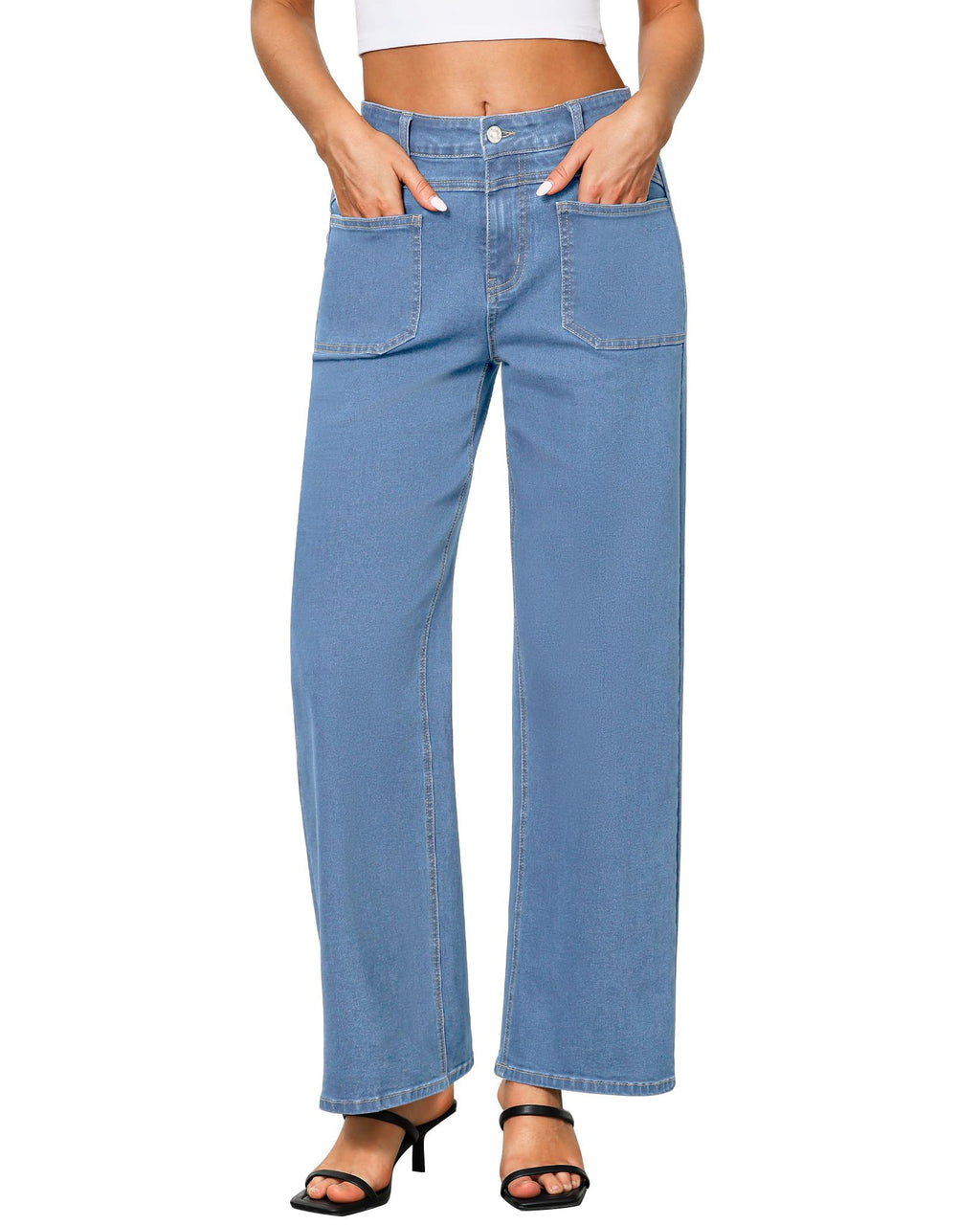 GRAPENT Wide Leg Jeans for Women Trendy High Waisted Loose Straight Leg Stretchy Retro Denim Pants with Pouch Pockets