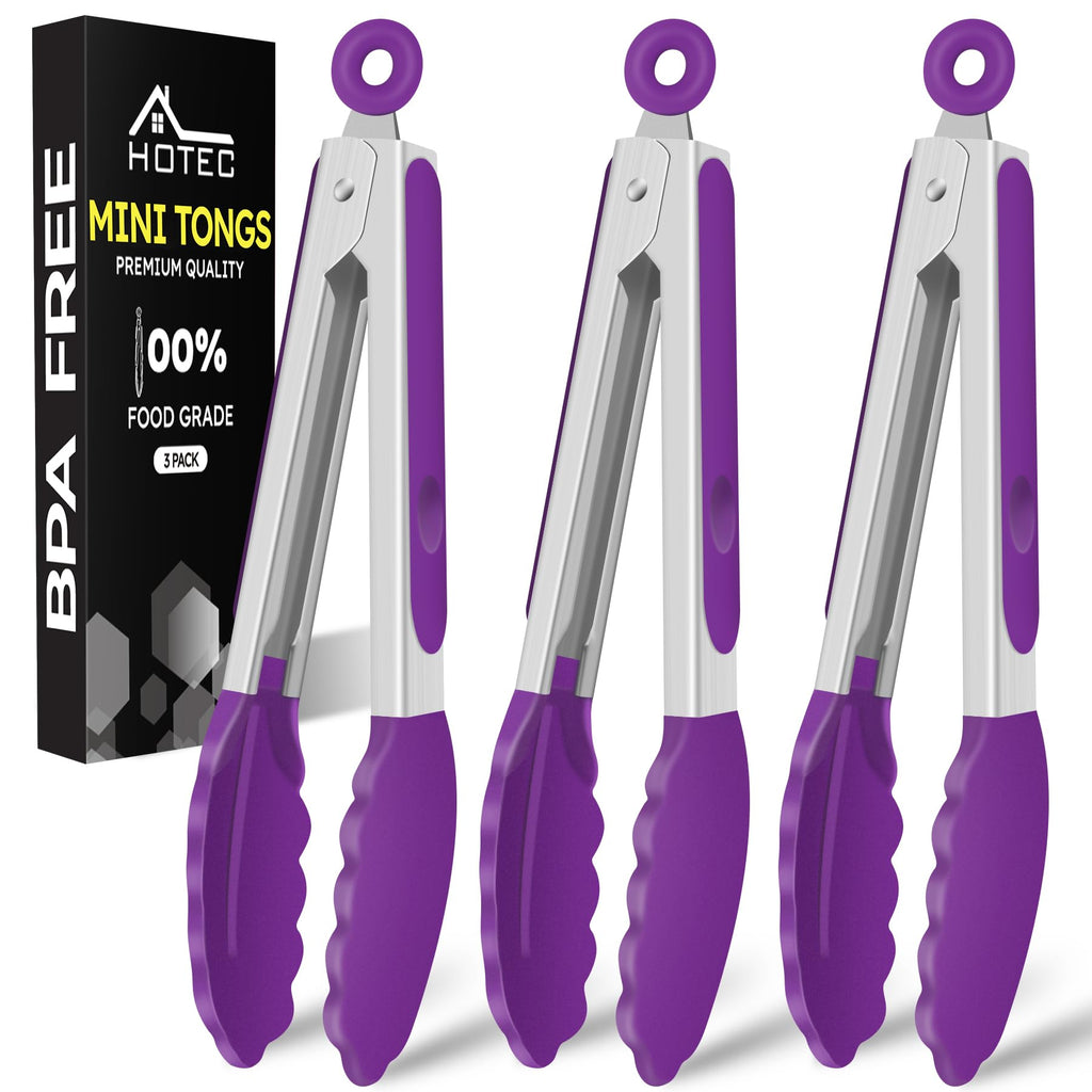 Hotec Mini Silicone Kitchen Tongs for Cooking - 7-Inch Small Serving Tongs with Silicone Tips, Set of 3 (Black)