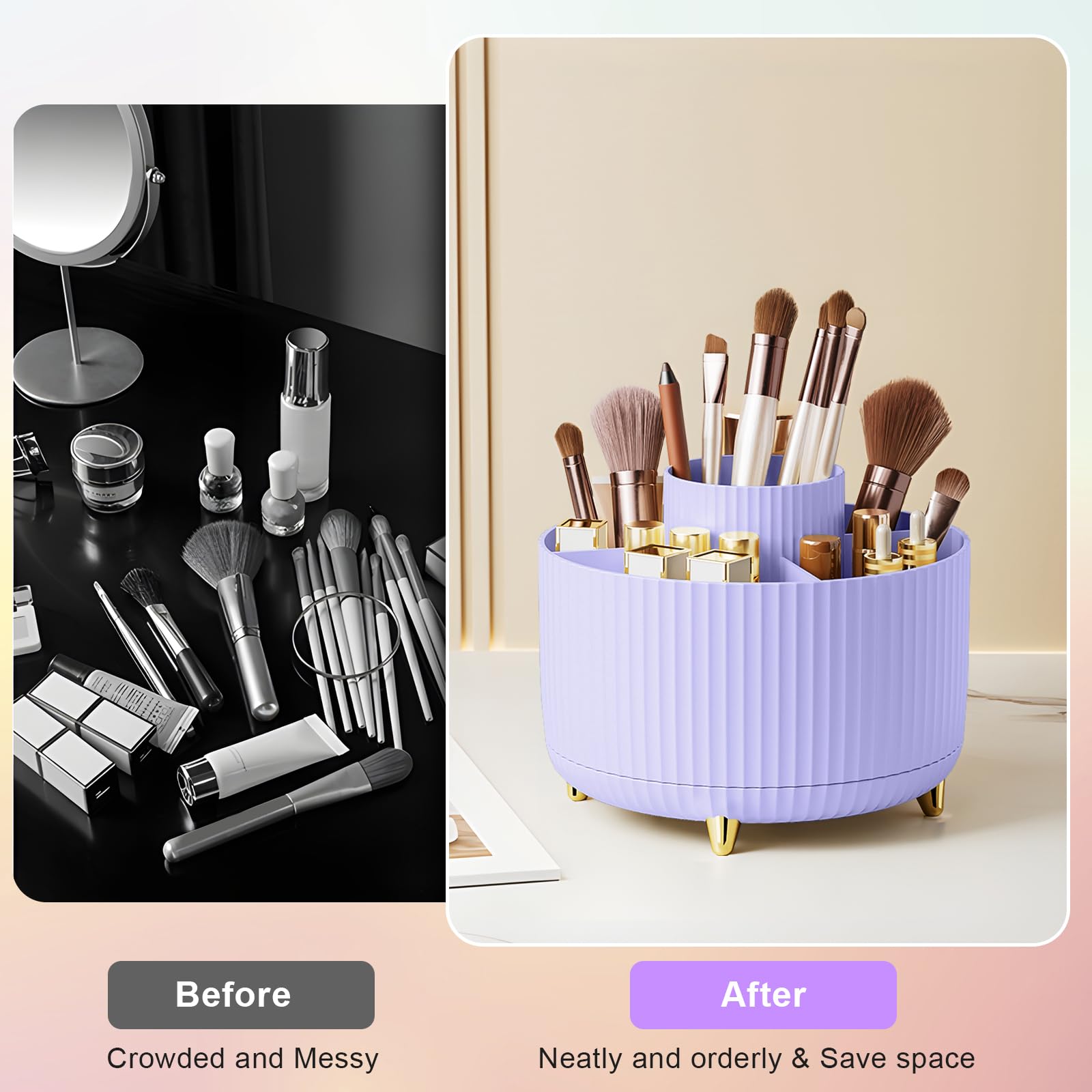 Makeup Brush Holder Organizer,360° Rotating Makeup Brush Organizer,5 Slot Make up Brushes Cup for Cosmetics, Nail Polish, Art Supply, Bathroom Vanity Desktop Organizer - Black