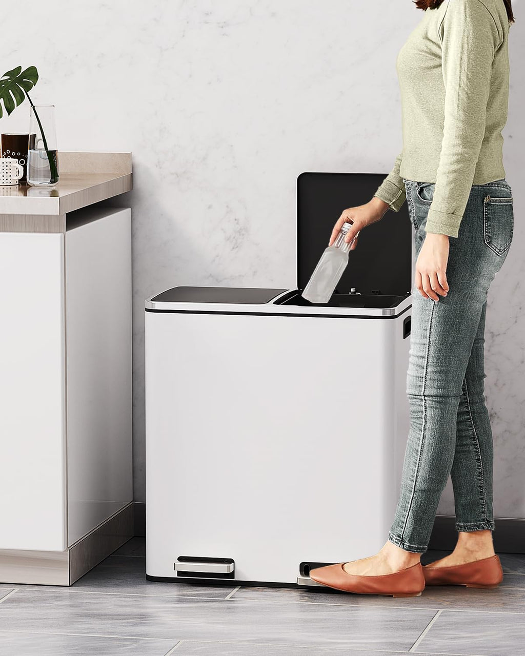 60L(16 Gal) Dual Trash Can, Stainless Steel Kitchen Garbage Can, Double Compartment Classified Rubbish Bin, Recycle Dustbin w/Plastic Inner Buckets, Soft-Close Lid, Airtight, Black