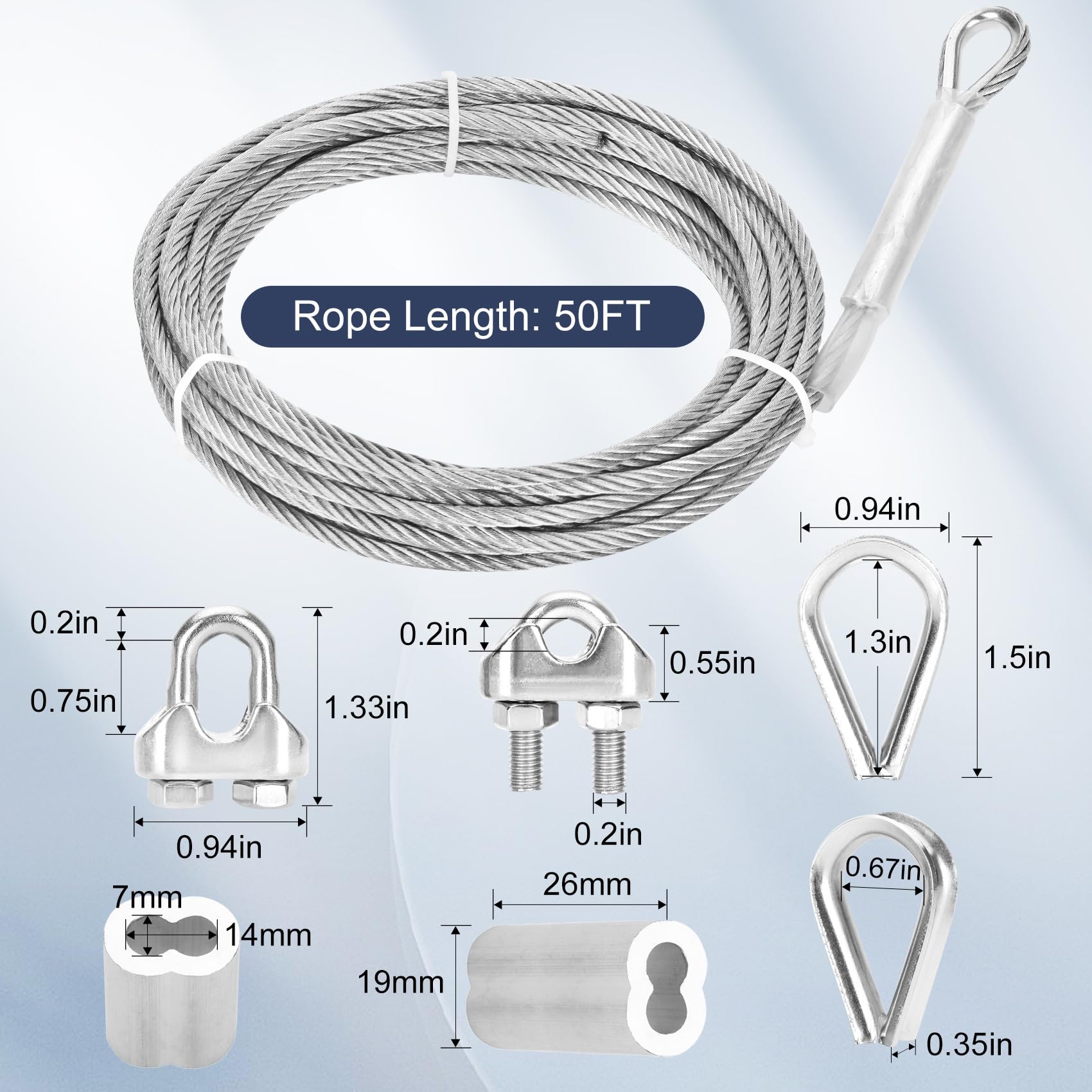 Thickened 3/16" 25ft Stainless Steel Cable with Wire Rope Clip, Thimble and Aluminum Crimping Loop Sleeve, 7X19 Strands Aircraft Cable, 3700lbs Breaking Strength for Deck Railing, String Lights