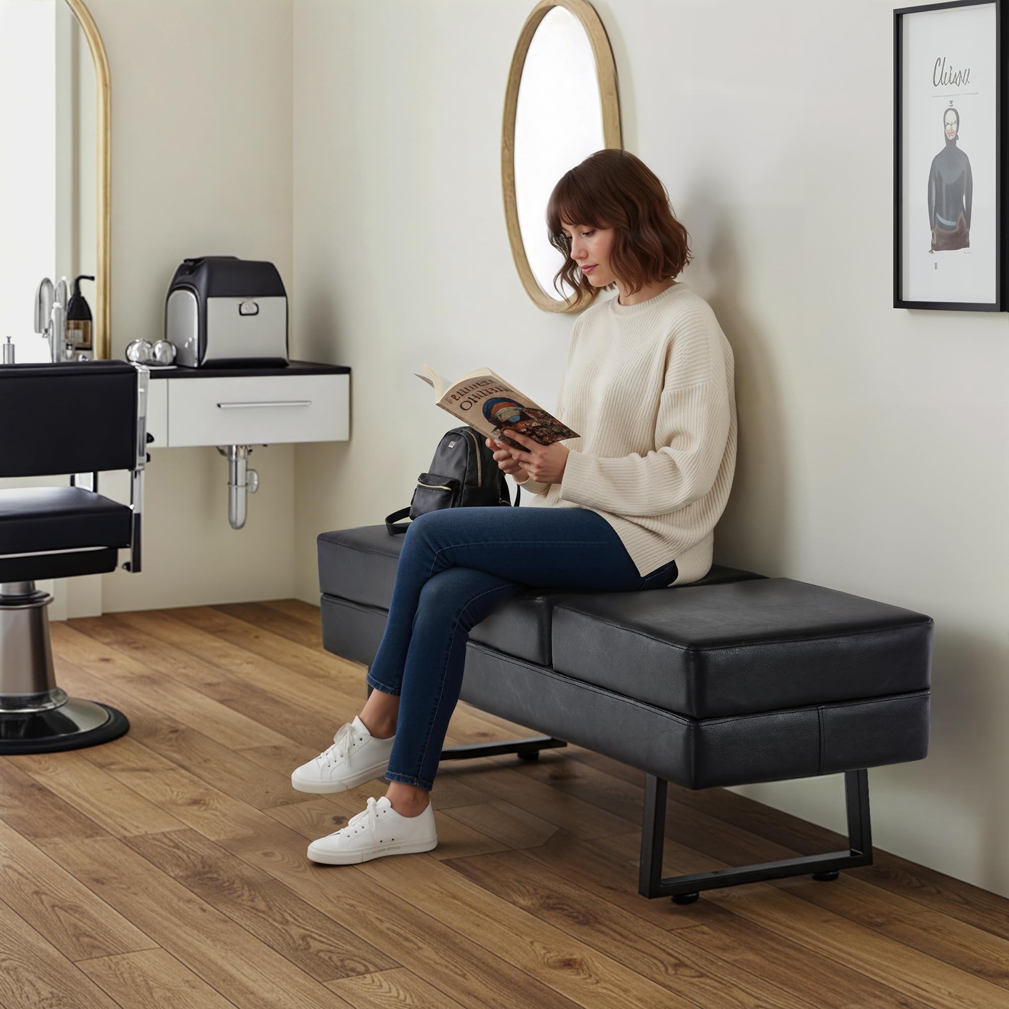 BarberPub Waiting Room Chairs, Heavy Duty Office Guest Reception Bench, Faux Leather Upholstered Lobby Chairs for Salon, Conference Room 7008 (Black)