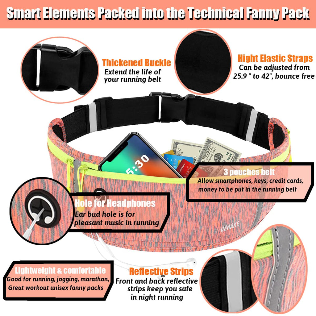 USHAKE Slim Running Belt, Workout Fanny Pack for Men Women,Exercise Waist Pack for Apple iPhone Holder, Runner Belt for Running Walking Cycling Camping Gym Black