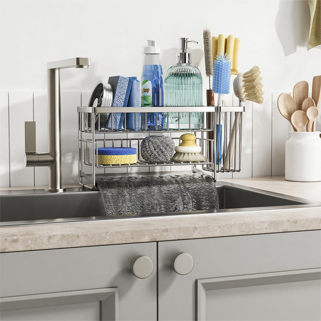 Cisily 2-Tier Kitchen Sink Caddy Organzier Rack with Dish Brush Sponge Holder | Kitchen Sink Countertop Organization Storage,Home Decor Accessories Essentials Stainless Steel