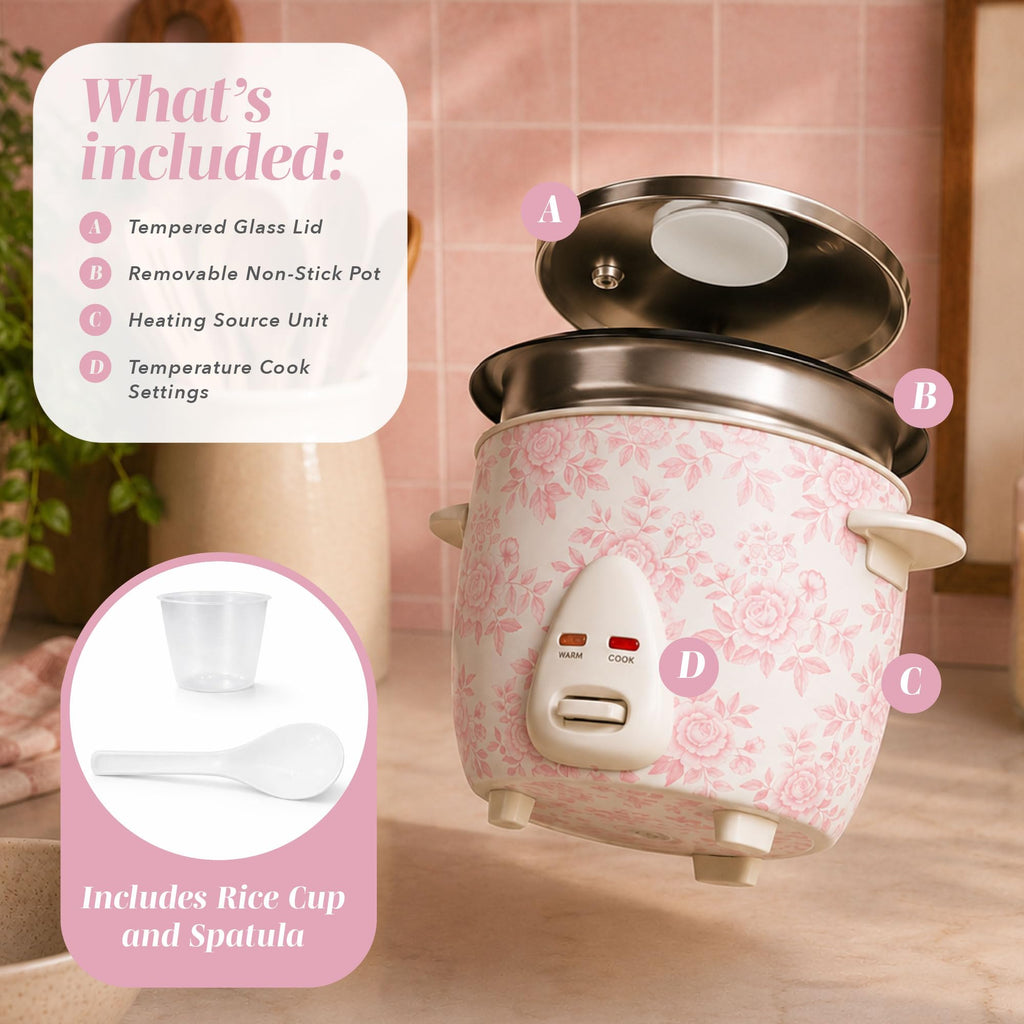 COOK WITH COLOR 6 Cup Rice Cooker 300W - Effortless Cooking and Perfectly, Cooks 3 Cups of Raw Rice for 6 Cups of Cooked Rice, Floral Blue