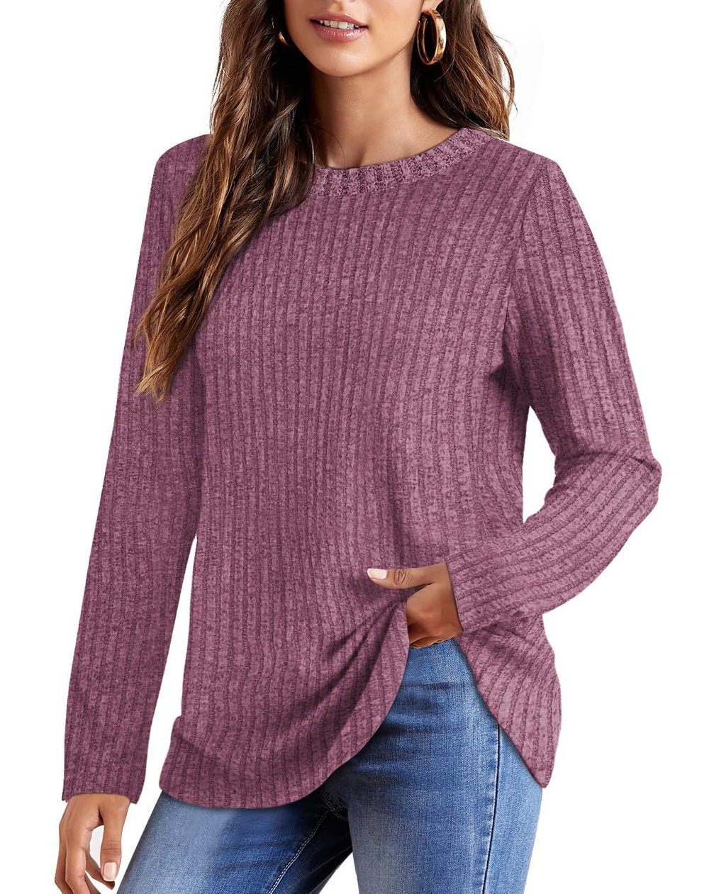 OFEEFAN Long Sleeve Shirts for Women Loose Fit Crew Neck Tunic Tops Blouse Dressy Casual Fall Winter Clothes Outfits