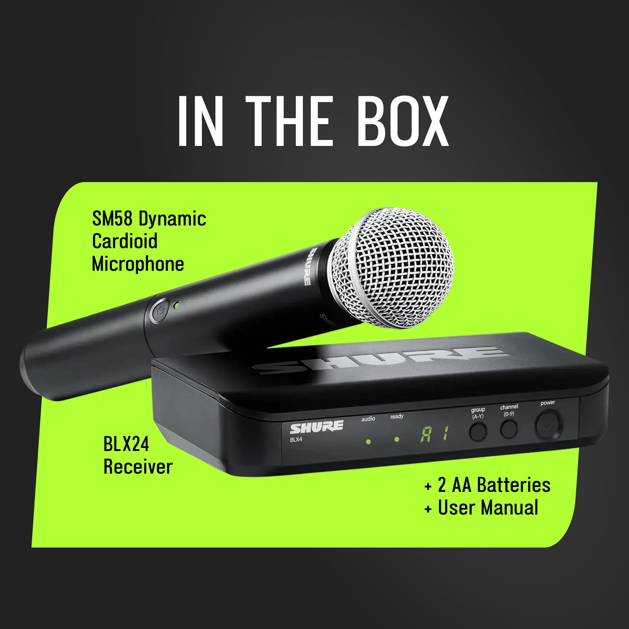 Shure BLX24/SM58 Wireless Microphone System - 14-Hour Battery Life, 300 ft Range, UHF | Includes SM58 Handheld Vocal Mic, Single Channel Receiver | H9 Band (BLX24/SM58-H9)