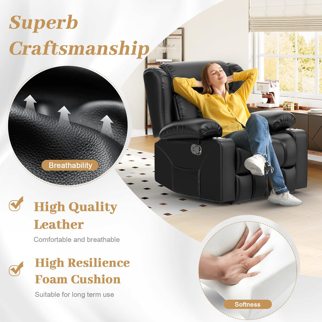 Recliner Chairs for Adults, FSC Certified Massage Reclining Chair with Heated Modern, Ergonomic Lounge Single Reclining Sofa Seat with Cup Holder & Pocket, Living Room Lounge Recliners Black