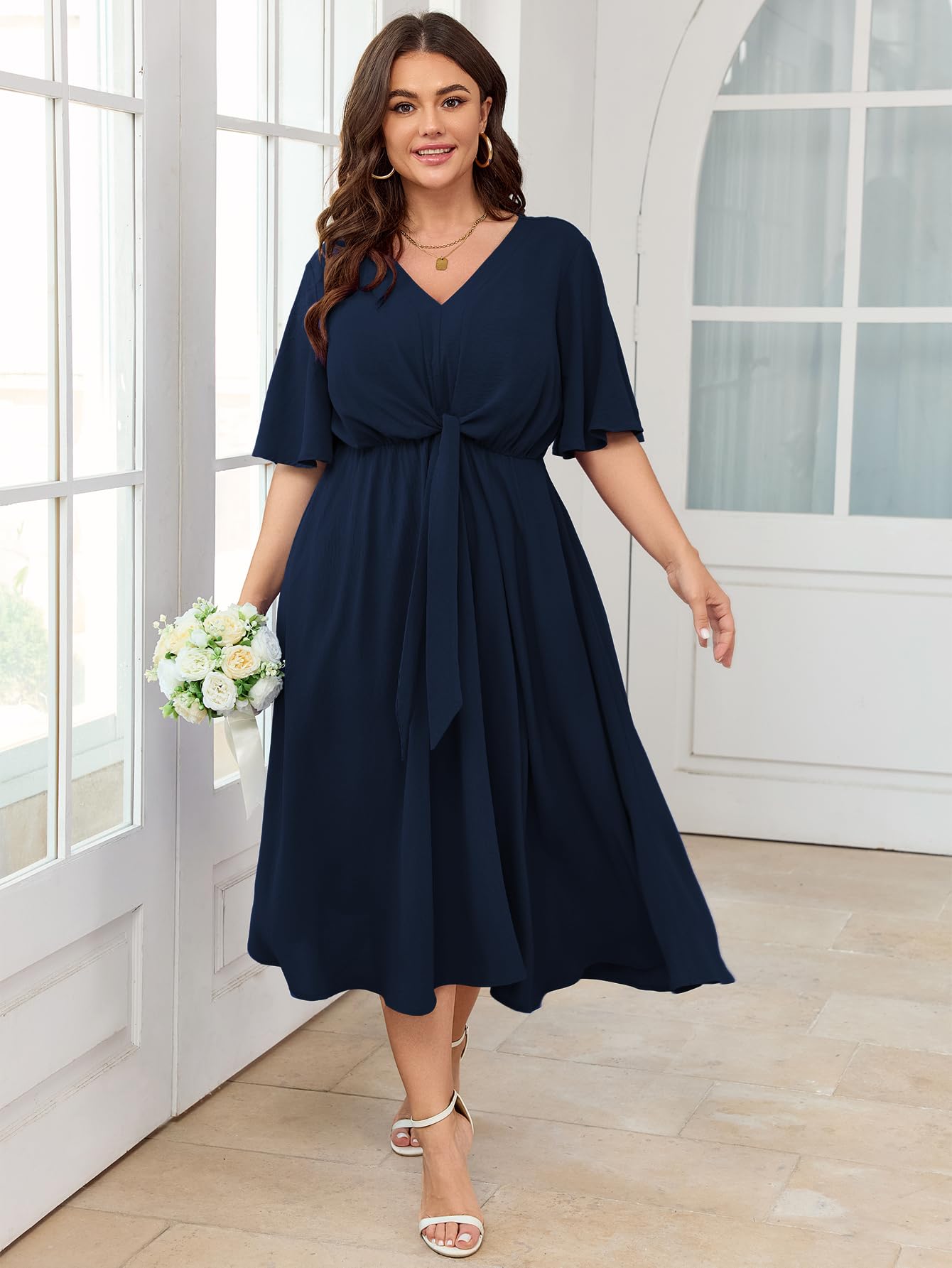 SCOMCHIC Women Plus Size Midi Dresses Wedding Guest Short Sleeve V Neck Tie Waist Casual Summer Flowy A Line Dress