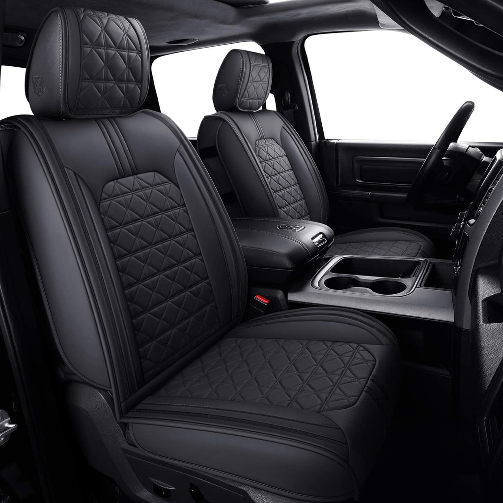 YIERTAI Dodge RAM Seat Covers Fit for 2009-2023 2024 2025 2026 1500/2500/3500HD Pickup Front Seats Only Crew Double Cab Quad Cab Waterproof Leather Seat Covers(2 PCS Front only/Black)