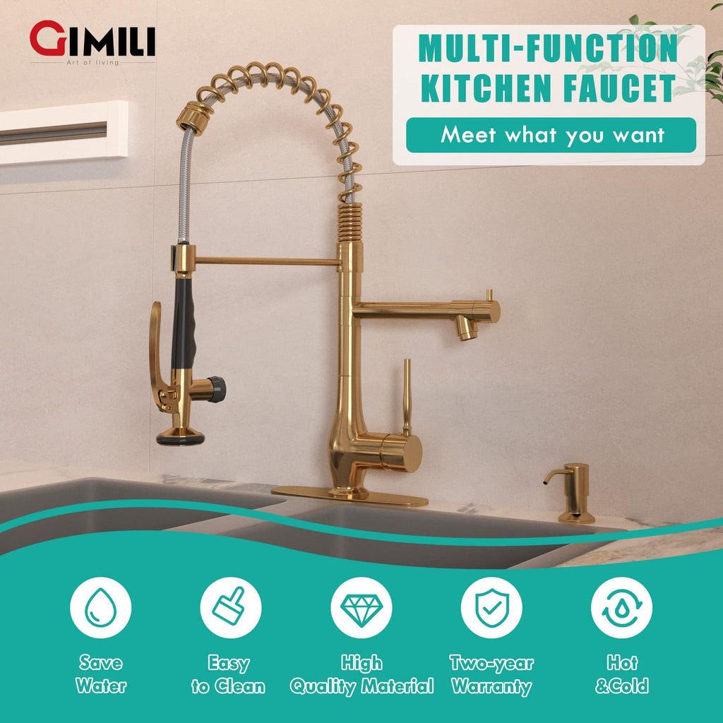 GIMILI Black and Gold Kitchen Faucet with Pull Down Sprayer Single Handle High Pressure Kitchen Sink Faucet Commercial Double-Headed Stainless Steel Kitchen Faucets