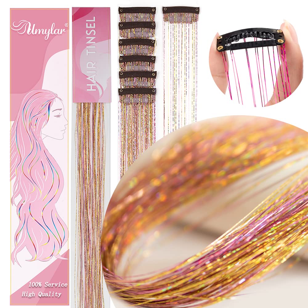 Clip in Hair Tinsel, Pack of 12 Pcs 20 Inch,Glitter Tinsel Hair Extensions, Festival Tinsel Fairy Hair Extension Party Dazzle Hair Accessories Strands Kit for Women Girls(12Pcs,Black#)