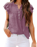 Women's V Neck Lace Crochet Shirts Button Down Short Sleeve Casual Blouse Tops