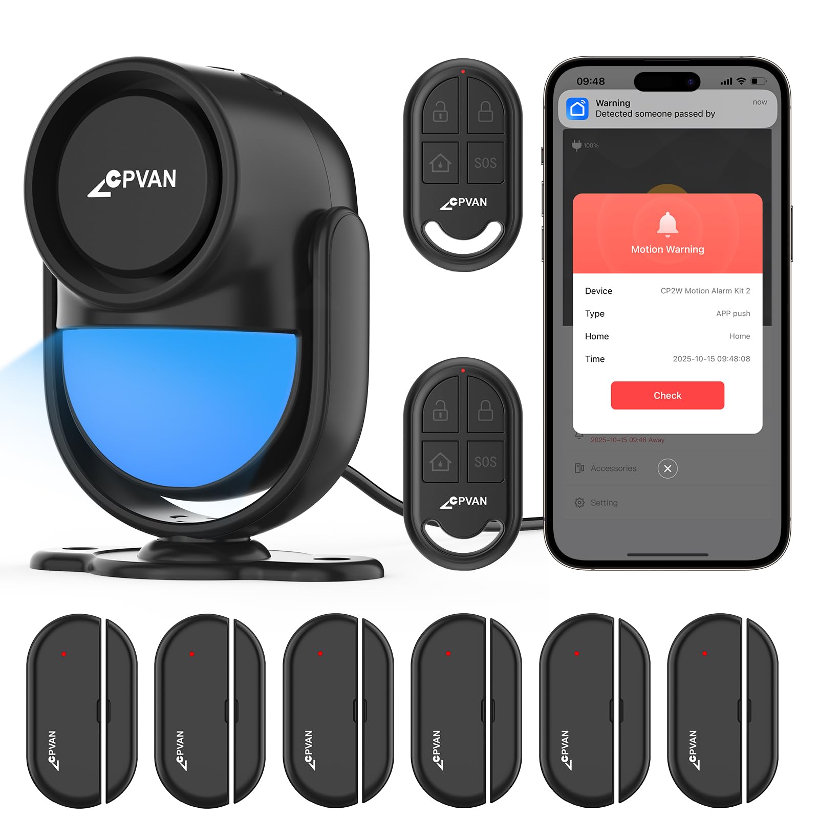CPVAN WiFi Motion Sensor Alarm, 125dB Smart PIR Motion Detector with Phone App Alerts, Wireless Indoor Home Security Alarm System with Remote, 2.4GHz WiFi, Black