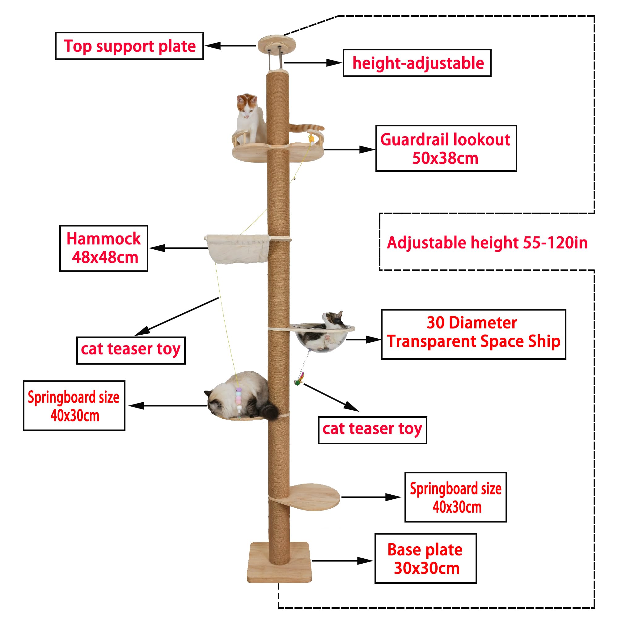 Floor-to-Ceiling Cat Tree with Natural Sisal Rope Scratching Post - Adjustable Height (55-119 Inches) - Modern Cat Activity Tree, Cat Scratcher Post