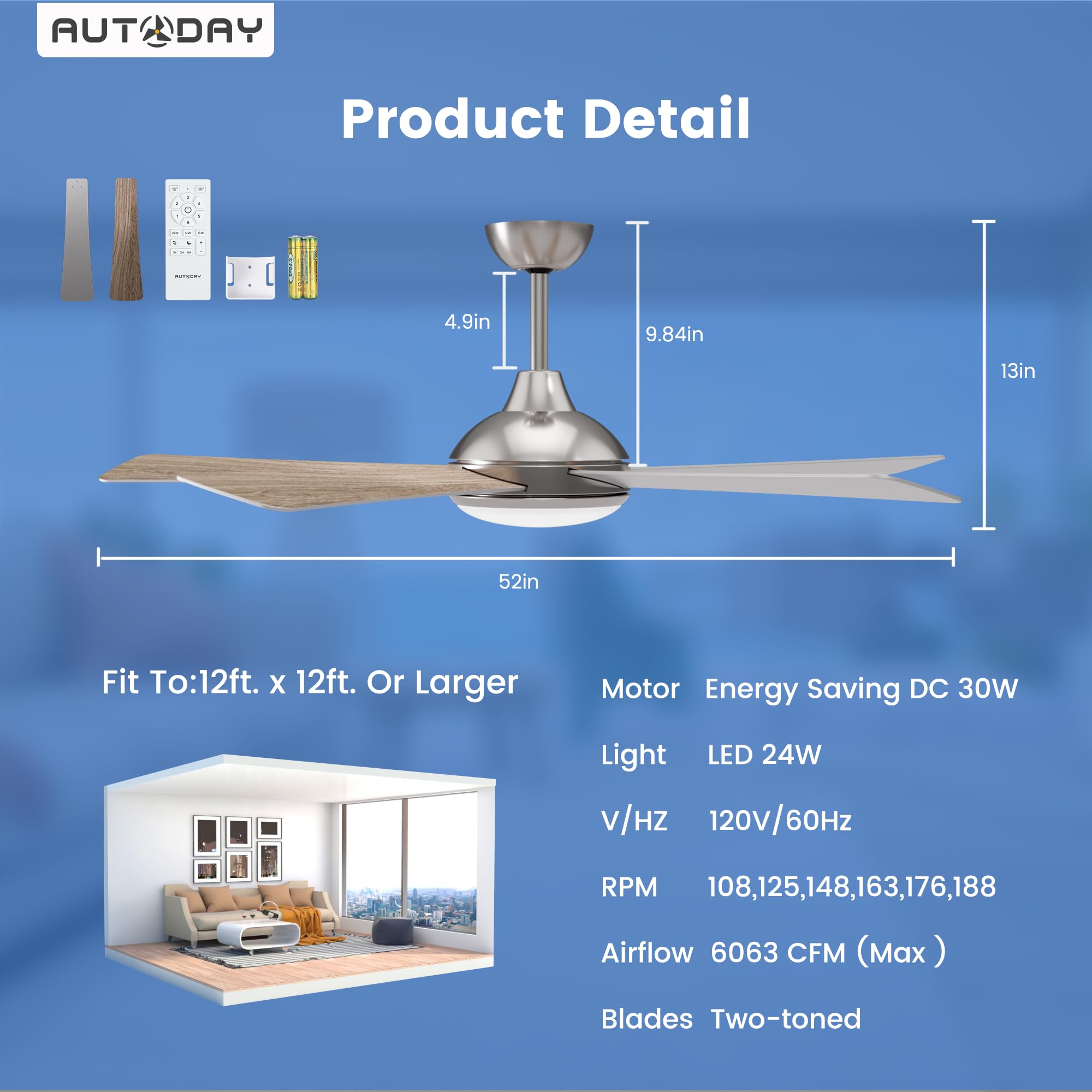 42 Inch Low Profile Ceiling Fan with Light, White Ceiling Fans with Lights and Remote, Flush Mount, 6 Speeds Reversible Quiet DC, 3CCT Dimmable, Indoor Outdoor Ceiling Fans for Patios Bedroom