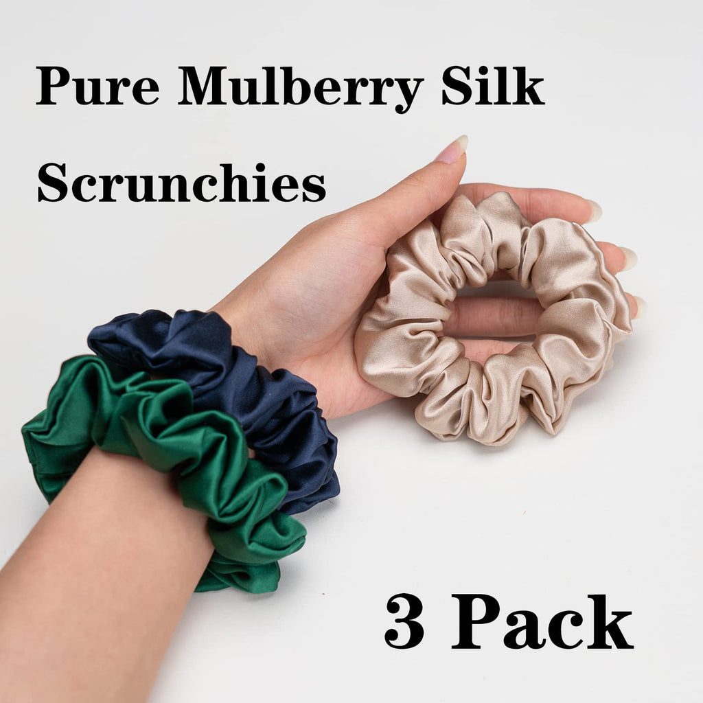 Silk Scrunchies for Hair 100% Mulberry Silk Hair Ties（Silver gray, Dark gray, Pink）