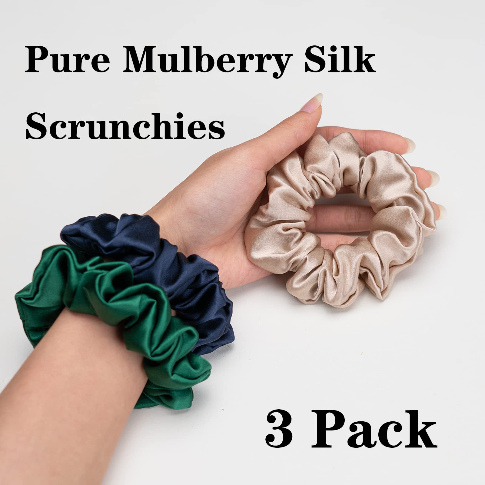 Silk Scrunchies for Hair 100% Mulberry Silk Hair Ties（Silver gray, Dark gray, Pink）