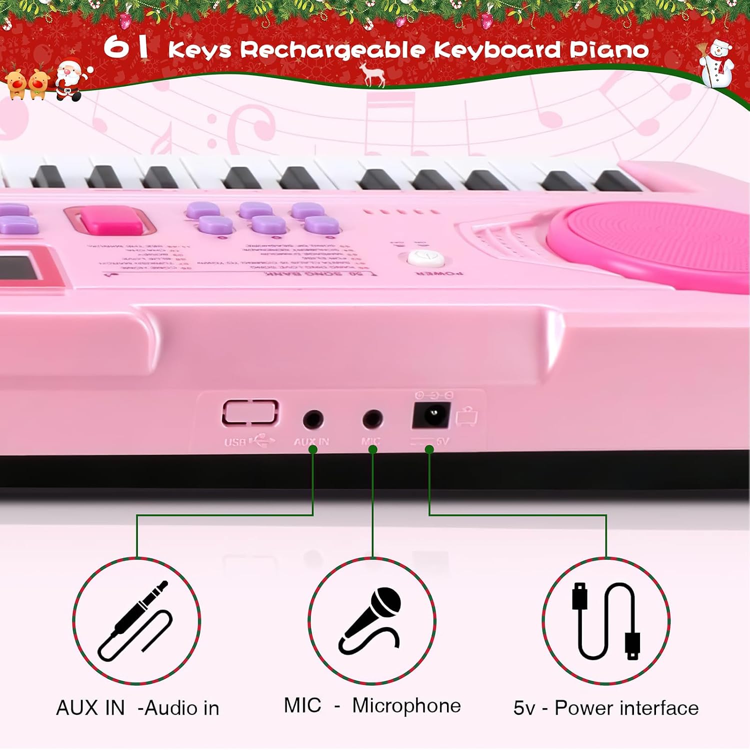 WOSTOO 61 Key Piano Keyboard for Kids, Portable 24.6-Inch Electronic Digital Piano with Follow Teaching Mode, Music Stand, Microphone & Recording, Educational Musical Instrument for Beginners, Pink