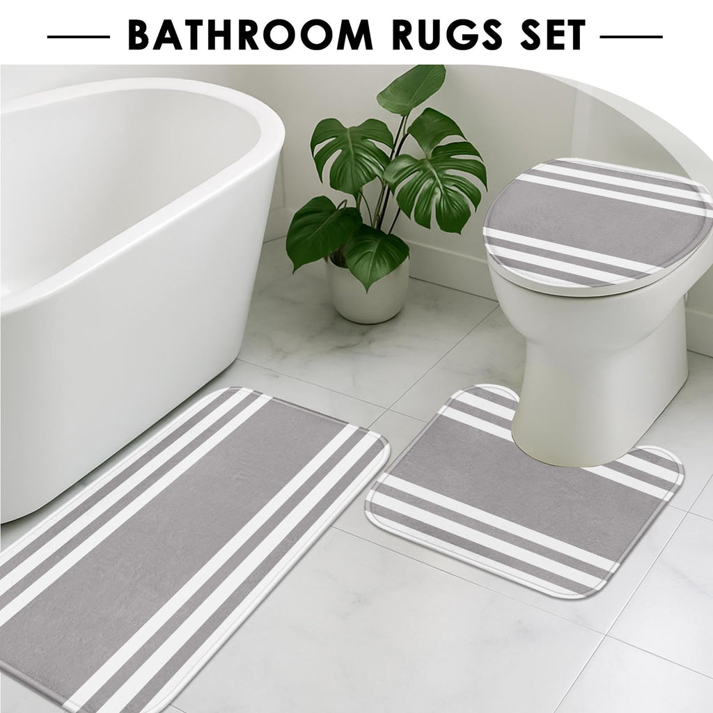 Beige Geometric Shower Curtain Set with Toilet Lid Cover and Non-Slip Rugs for Bathroom, Black Grey White Checkered 4 Pcs Shower Curtain, Modern Abstract Bathroom Set with 12 Hooks