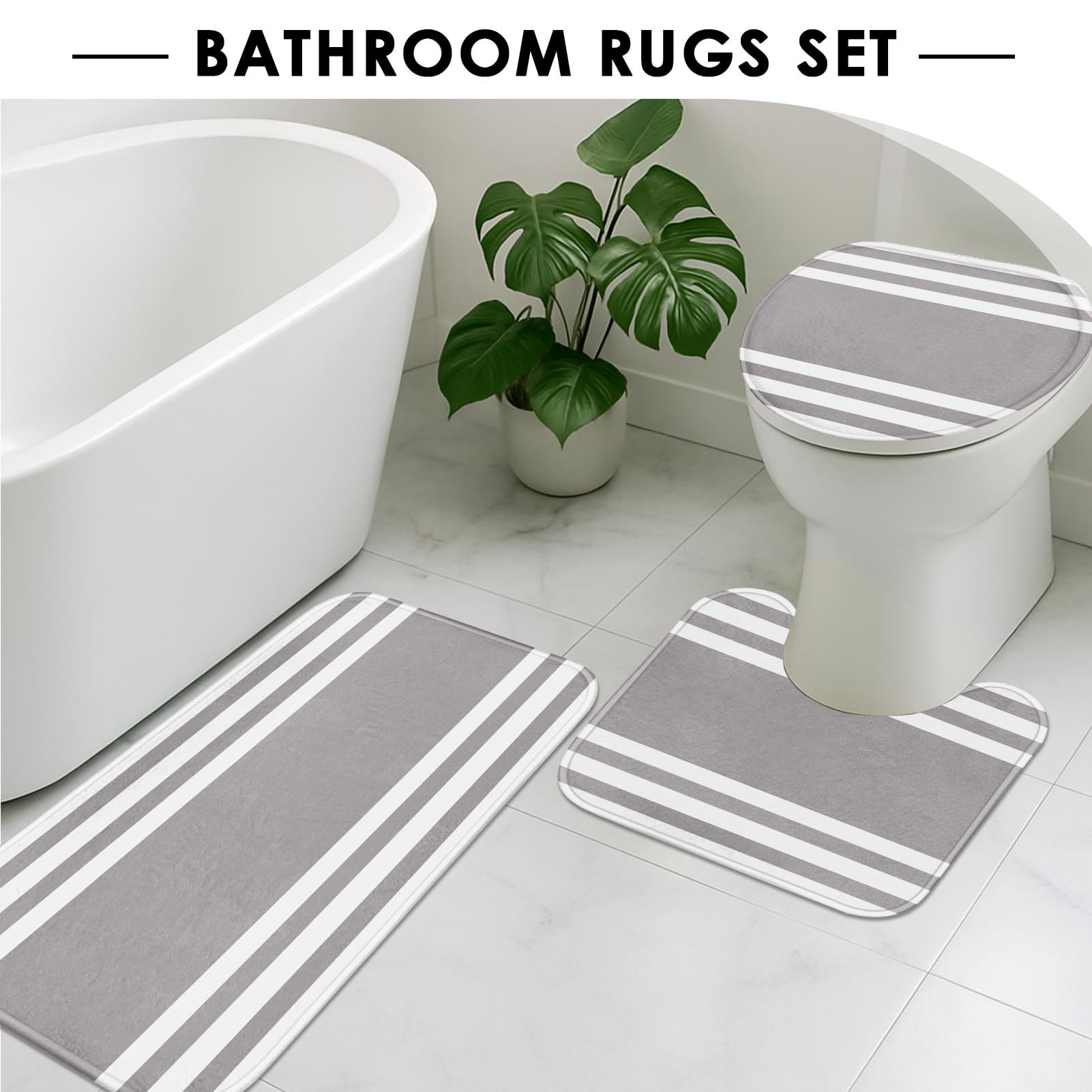 Beige Geometric Shower Curtain Set with Toilet Lid Cover and Non-Slip Rugs for Bathroom, Black Grey White Checkered 4 Pcs Shower Curtain, Modern Abstract Bathroom Set with 12 Hooks
