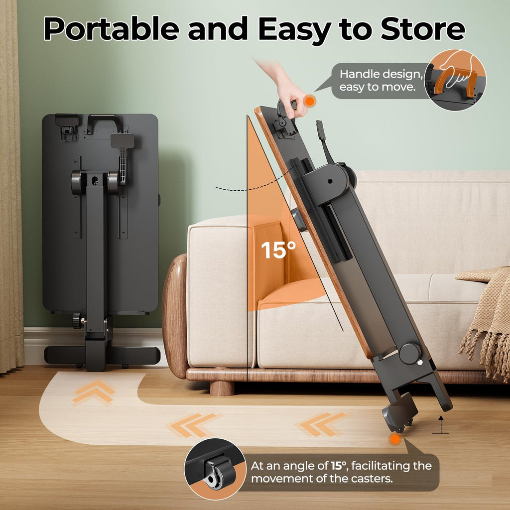 Foldable Mobile Standing Desk, 27 Inch Small Rolling Laptop Cart Height Adjustment, 90° Tiltable Sofaside Table, No Assembly Needed Portable Computer Workstation, Black