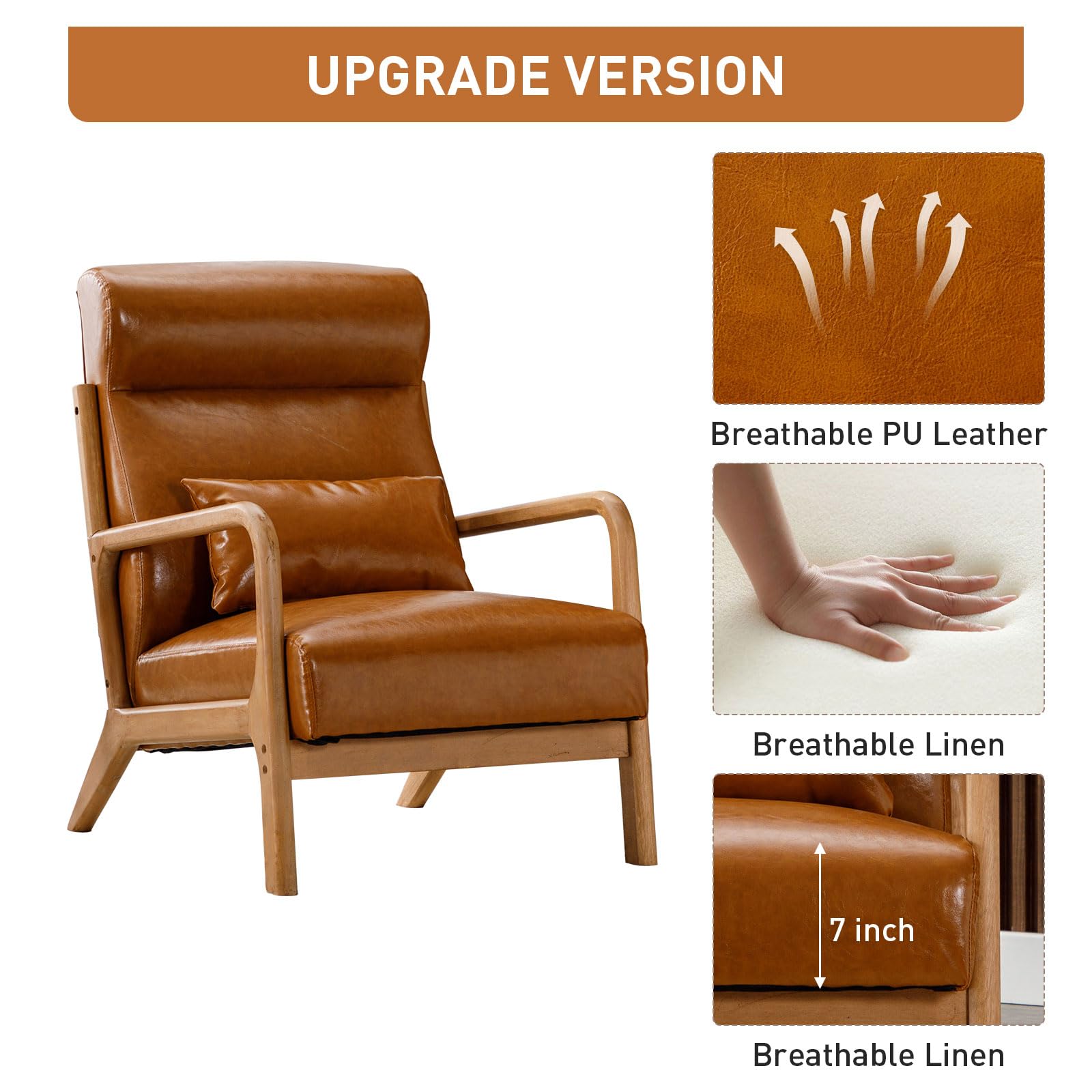 ANJ Mid Century Modern Accent Chair, Comfy Fabric Living Room Chairs with Solid Wood Frame, Lounge Reading Armchair, Easy Assembly, Beige