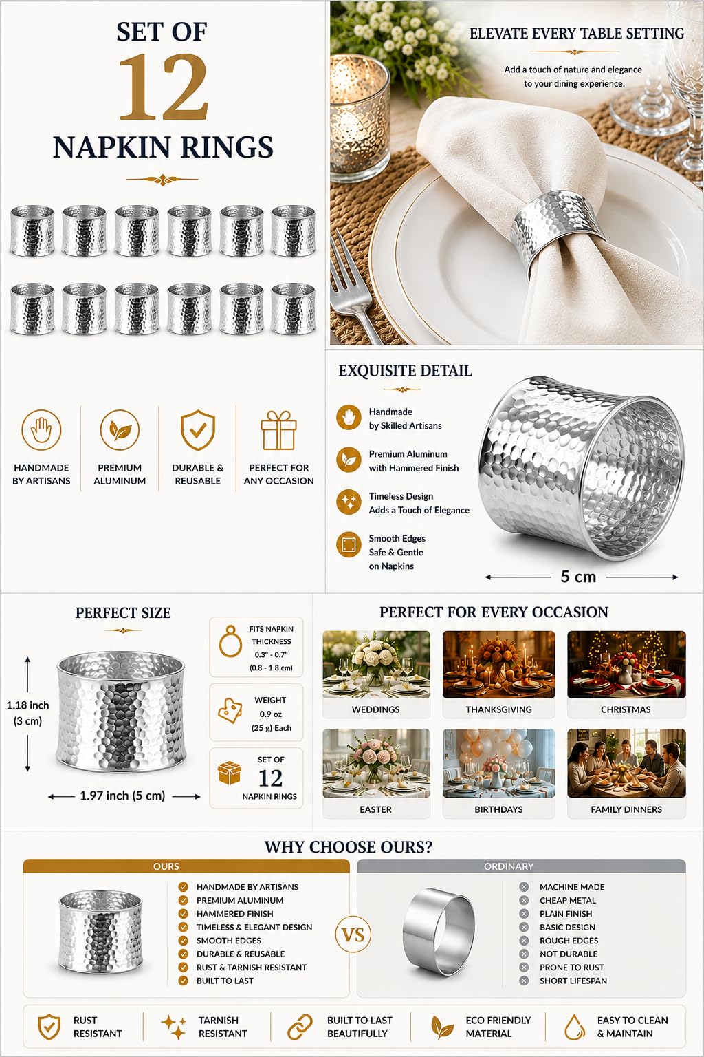 ITOS365 Handmade Round Hammered Antique Napkin Rings Holder for Dinning Table Parties Everyday, Set of 12