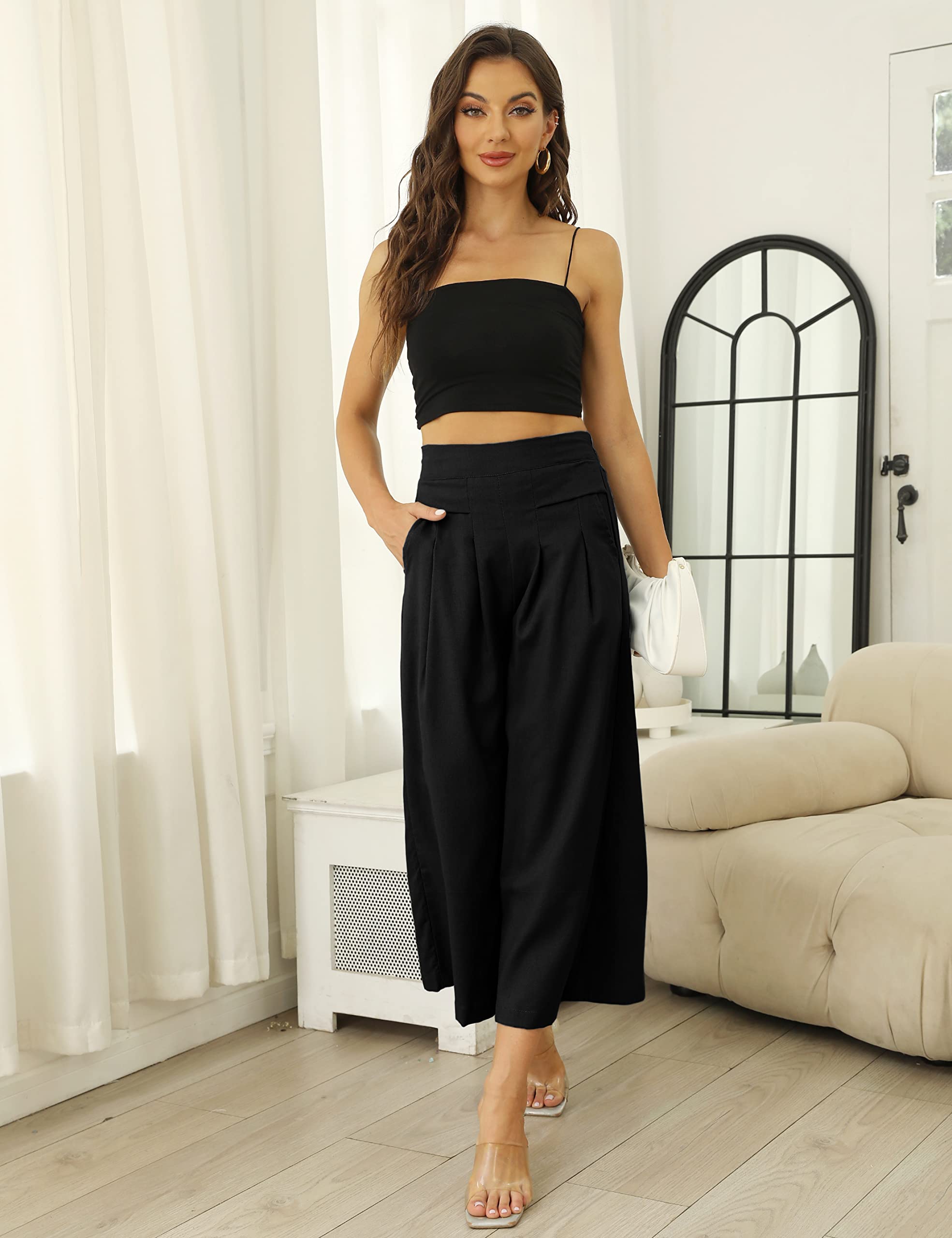 Bianstore Women's Culottes Linen Cropped Wide Leg Pants Elastic Waist Casual Palazzo Trousers with Pockets