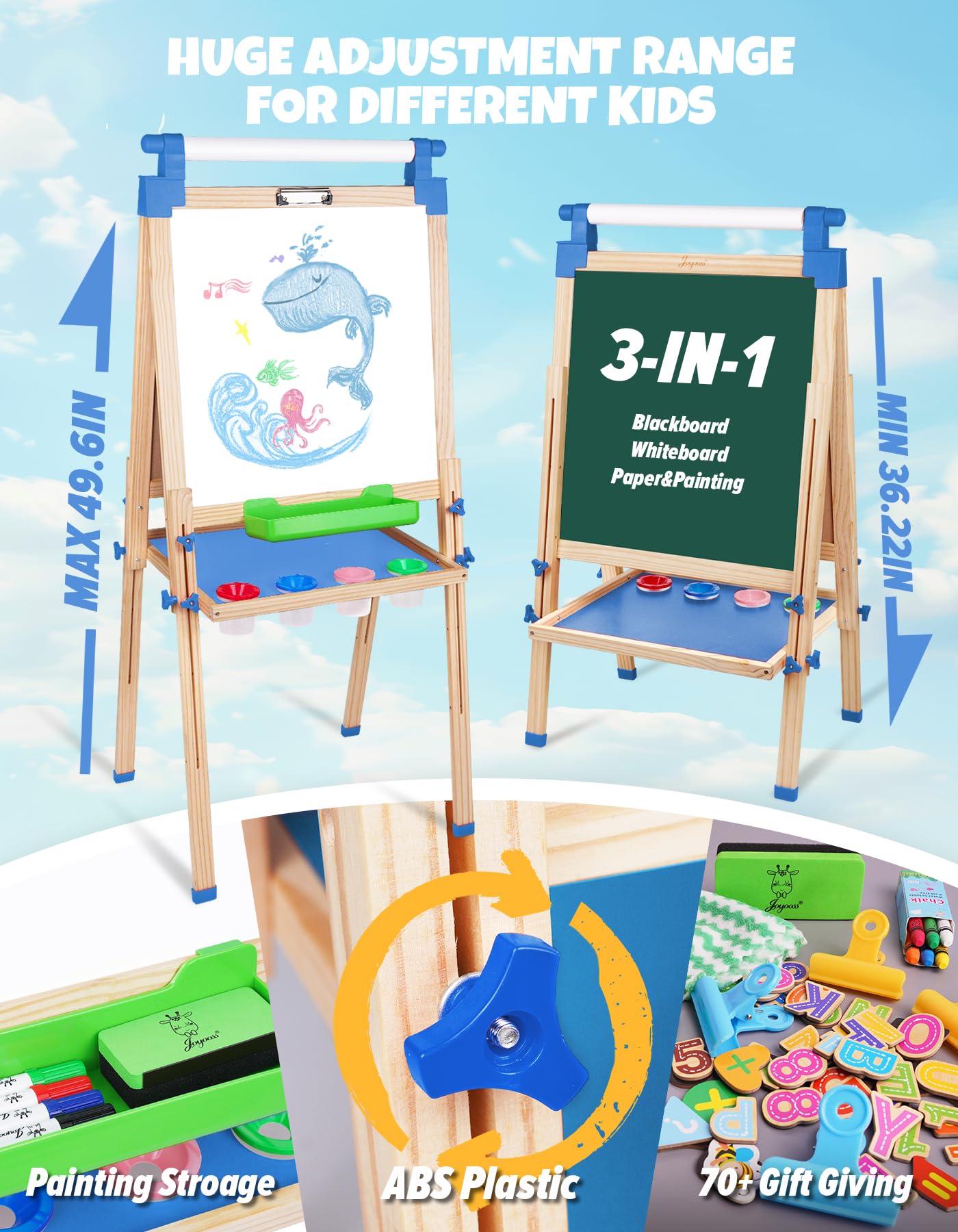 JOYOOSS Easel for Kids Art Easel Kids Easels for Toddlers,Wooden Kid Easel with Paper Roll - Adjustable Magnetic Double Sided Kids Dry Erase Board,Birthday Gifts for 1-12 Year Old Girls or Boys Blue